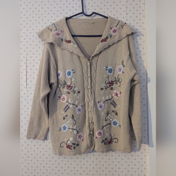 🤎Vintage Mocha L Cardigan Floral Embroidery Pearl Buttons Coastal Grandma - Picture 1 of 11